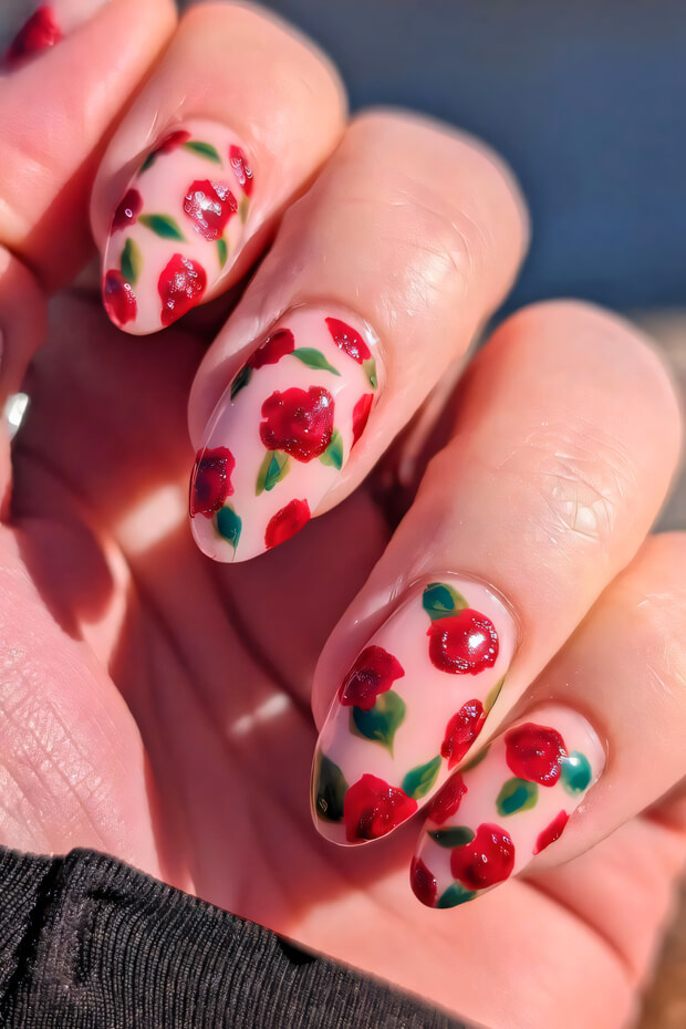 Pink background with intricately designed red roses on nails