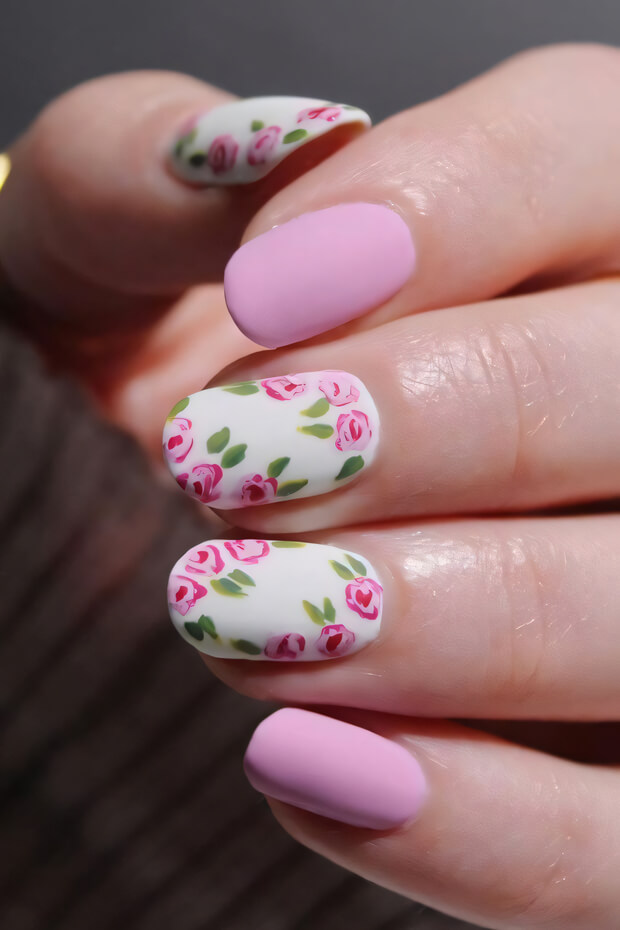 Pink and white floral nail design with flowers and green leaves