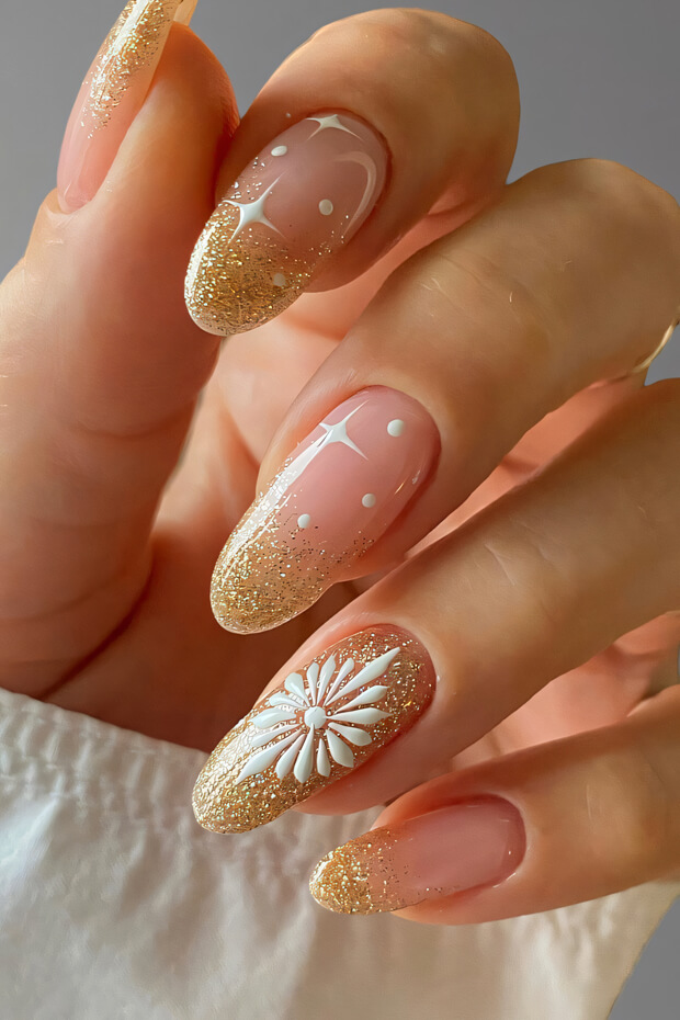 Pink and white with gold glitter accents and almond shape