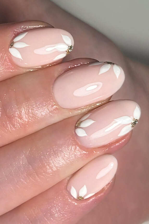 Pink Nails with White Leaves and Gold Accents
