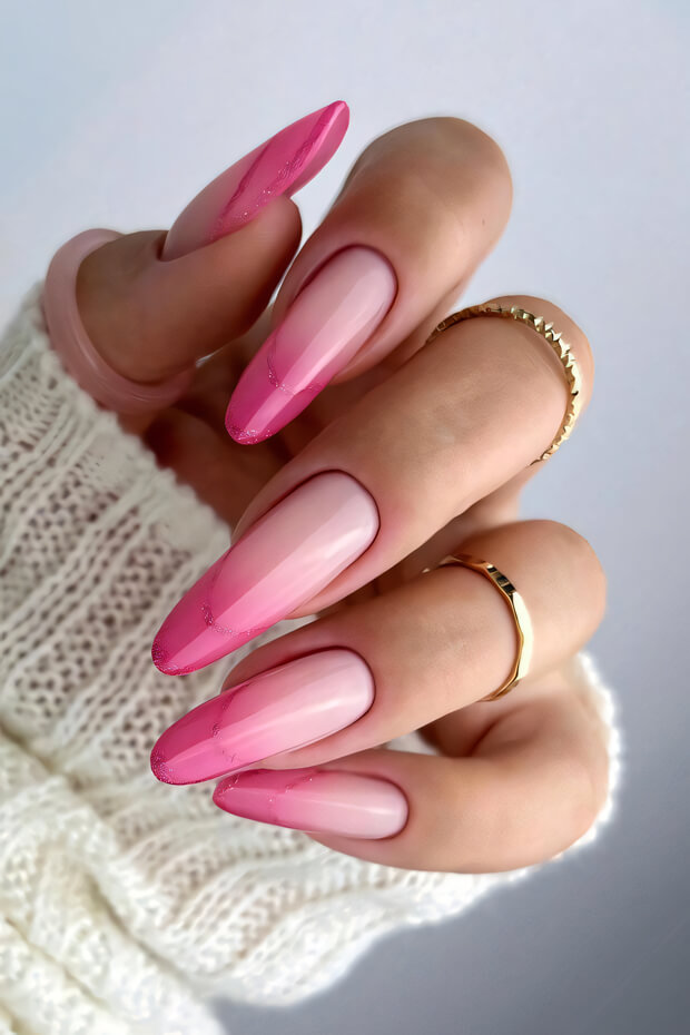 Pink to white ombre almond-shaped nails
