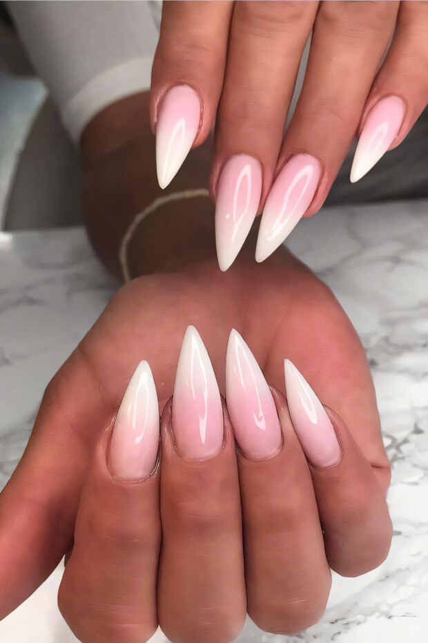 Pink and white ombre stiletto nails