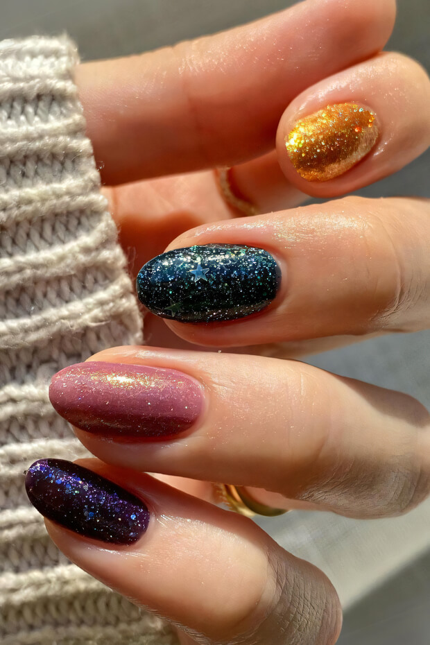 Purple, blue, and gold glitters