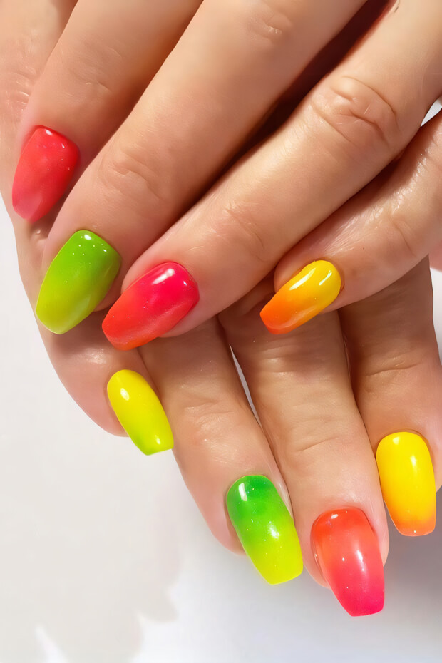 Gradient nails in red, yellow, and green colors