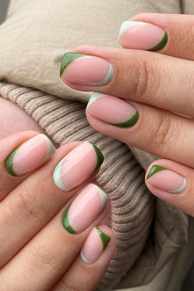 French manicure with pink and green stripes