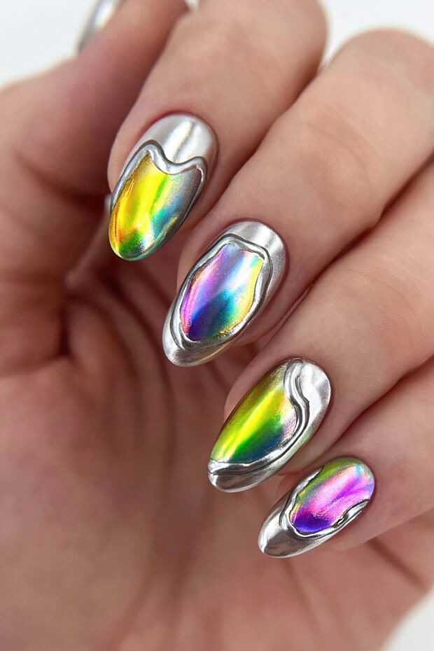 Silver metallic holographic almond nail design