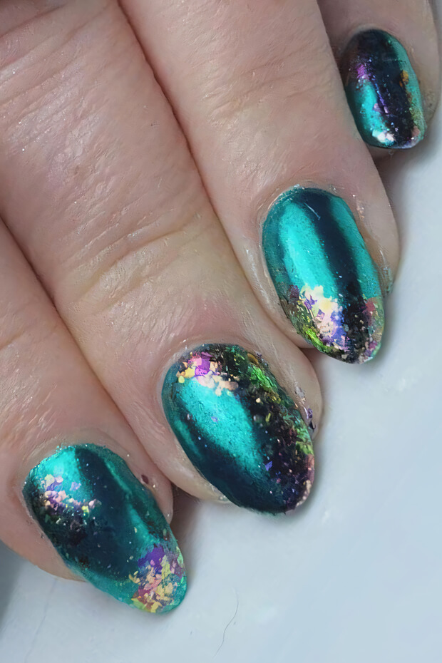 Teal metallic base with multicolored glitter top coat