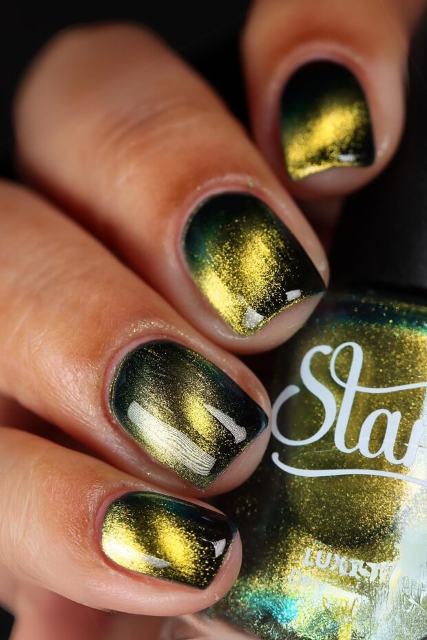 Vibrant green and gold nail art design
