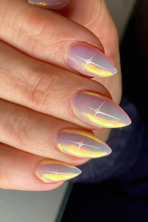 White and purple ombre chrome nail art with stiletto nails