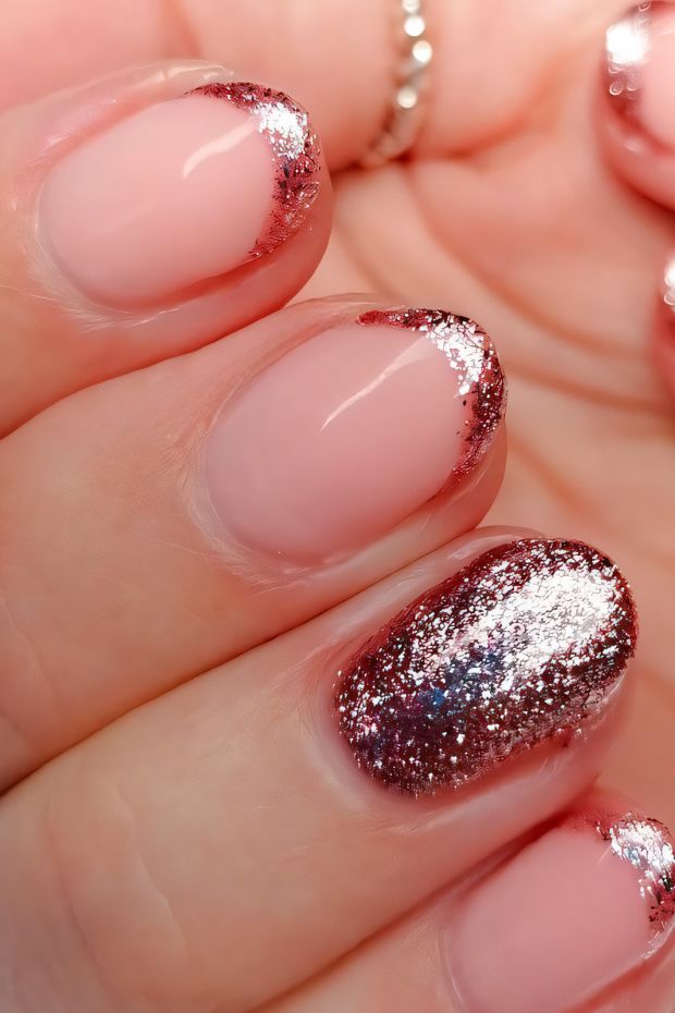 Nail art with nude base and pink glitter gradient, featuring a silver glitter accent nail for added glamour.