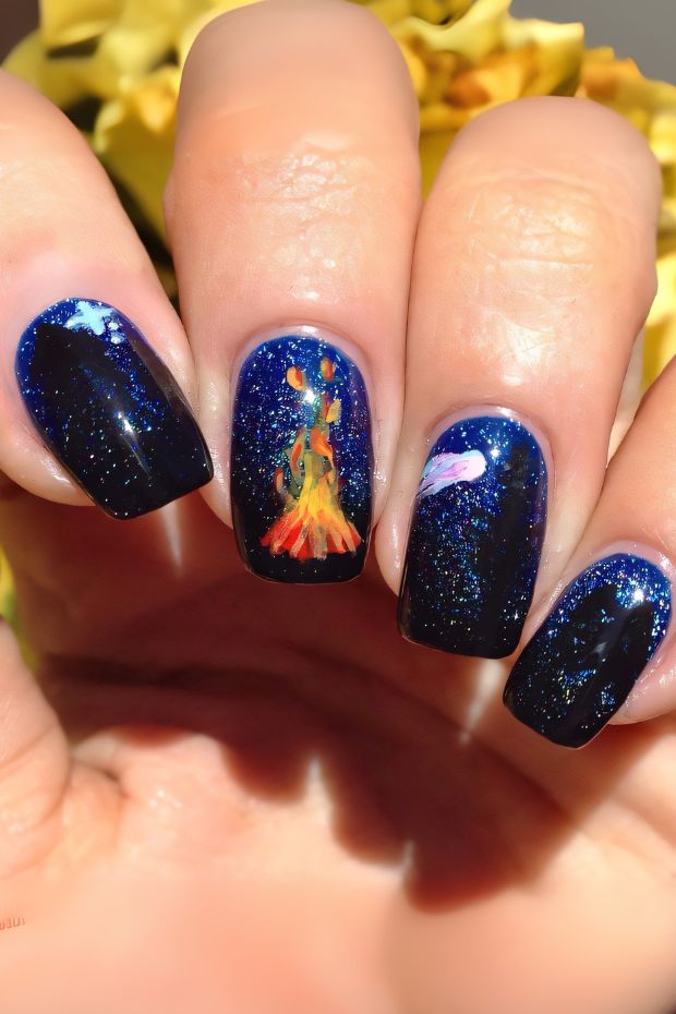 Camping nails with galaxy design, featuring stars, trees, campfire, and vibrant colors on dark background.