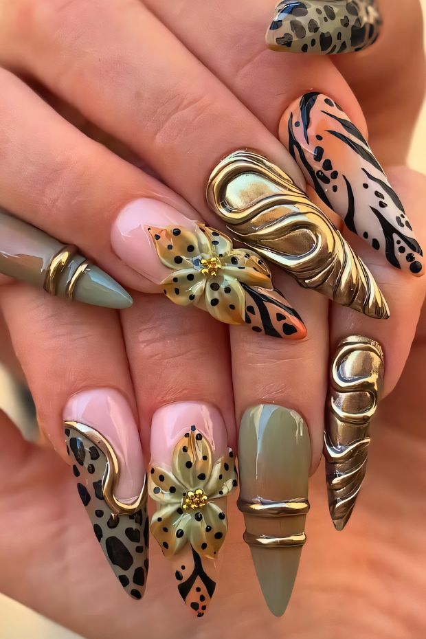 Creative animal print and floral nail designs with metallic accents and various shapes for a trendy look.