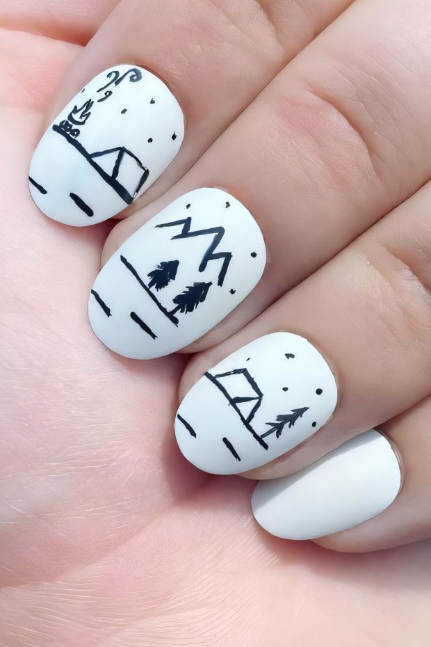 Camping-themed nail design featuring tents, trees, and campfire illustrations on a white background.