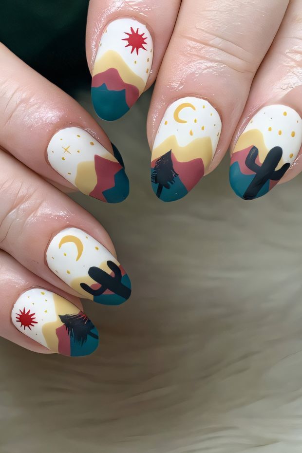 Camping nail design featuring mountains, cacti, and celestial patterns in vibrant colors for nature lovers.