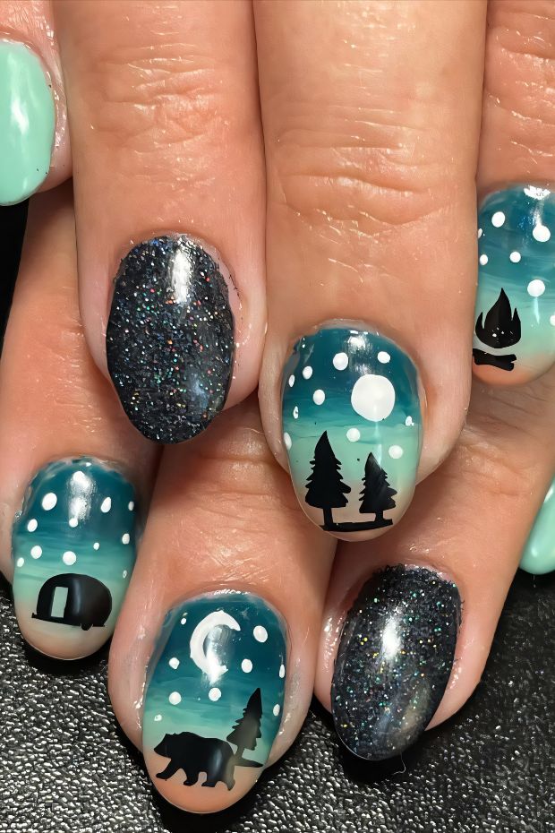 Camping nails featuring trees, bears, and a campfire design with a starry night background and turquoise gradients.
