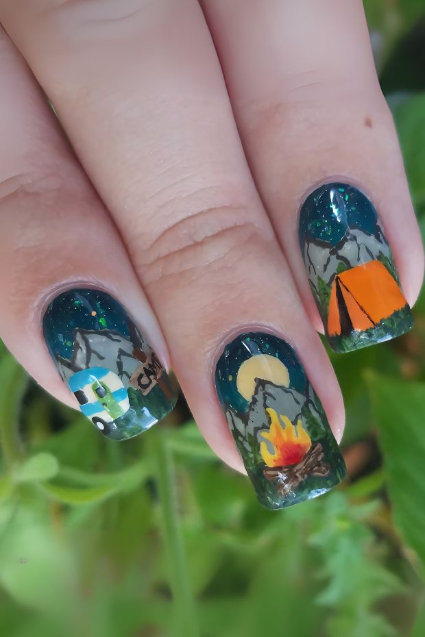 Camping nails with tents, campfire, and mountains in vibrant colors showcasing outdoor adventure theme.