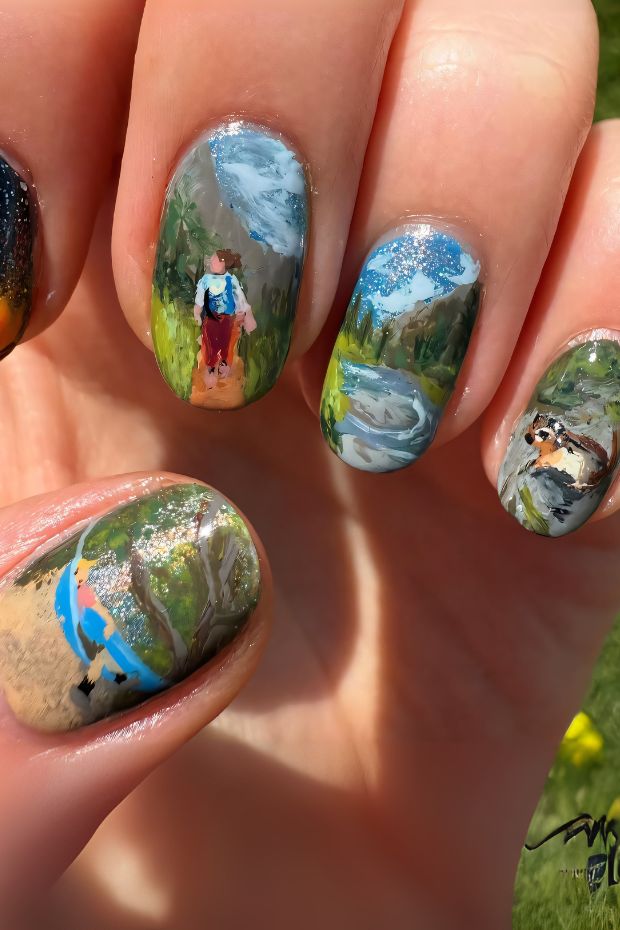 Camping nails decorated with scenic nature landscapes, featuring forests, lakes, and a hiker in vivid colors.