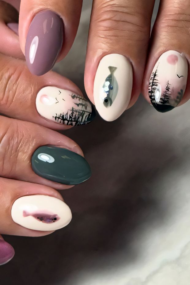 Camping-themed nail design with fish, trees, and earthy colors for nature lovers and adventure seekers.