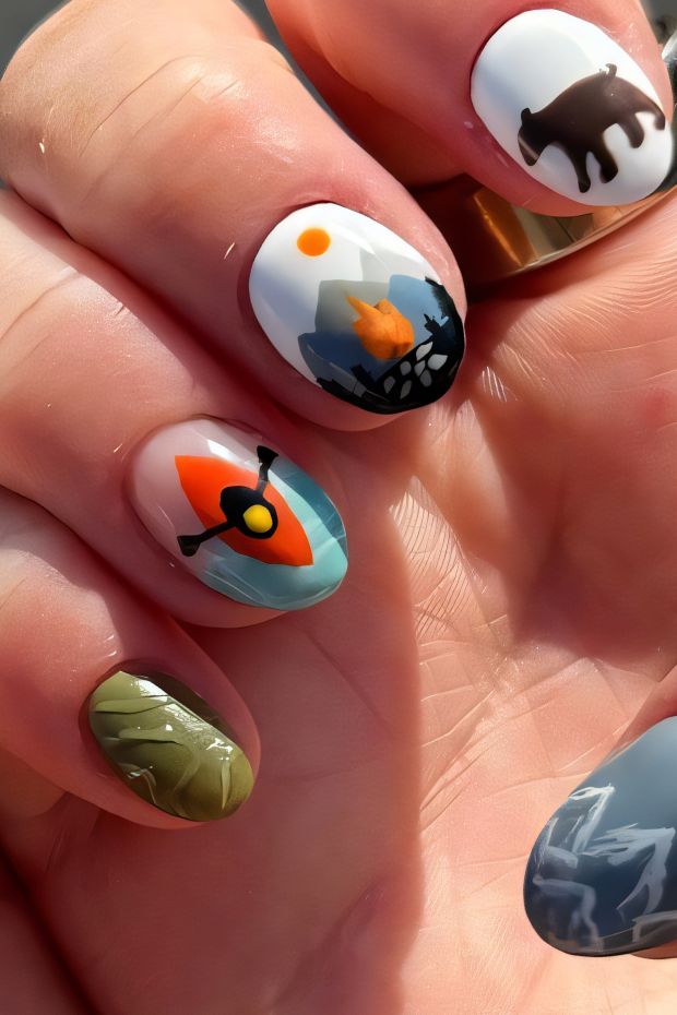 Camping-themed nails featuring tents, campfires, mountains, trees, and a bear, perfect for outdoor enthusiasts.