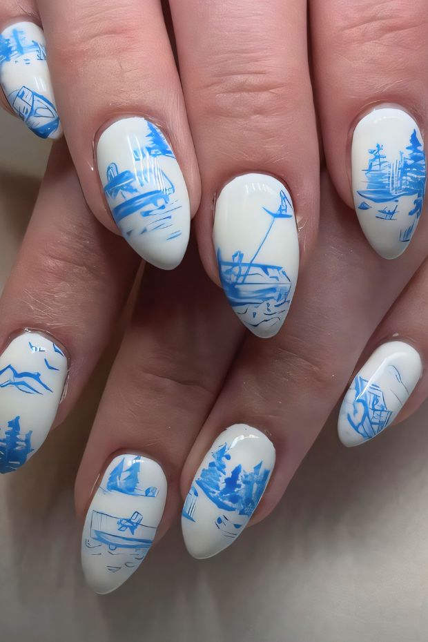 Camping nails featuring blue designs of tents, trees, and lakes on a white background.