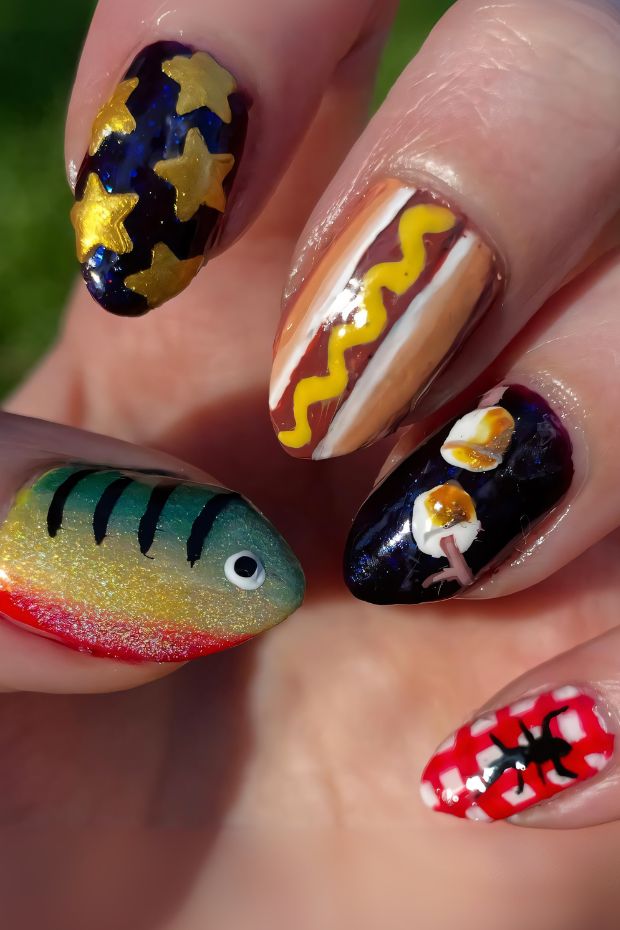 Camping Nails featuring fish, hot dogs, stars, and eggs designed for outdoor enthusiasts and nature lovers.