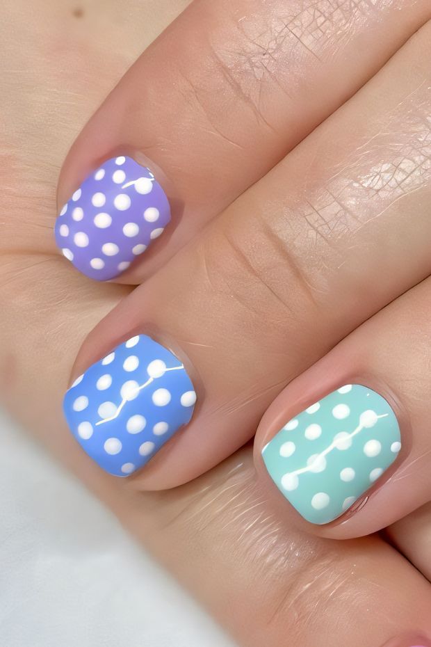 Pastel polka dot nail design featuring lavender, blue, and aquamarine colors with white dots for a fun look.