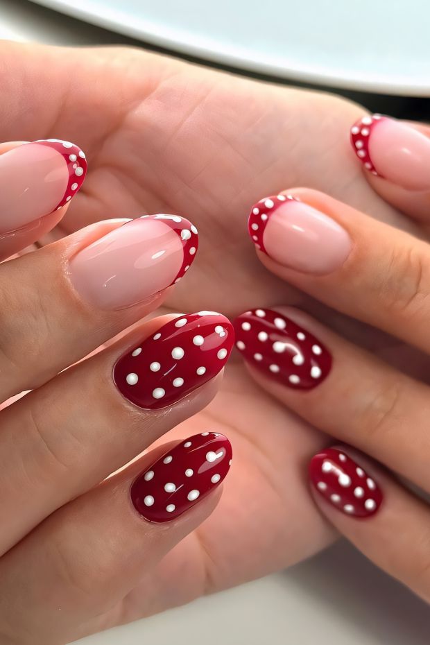 Polka Dot Nail Design featuring red and nude colors with playful dot patterns for a trendy manicure.