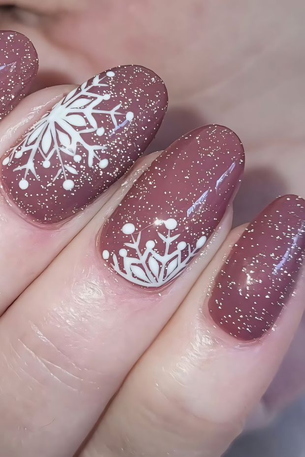 Elegant winter nails featuring snowflake designs and glitter in a cozy color palette perfect for seasonal celebrations.