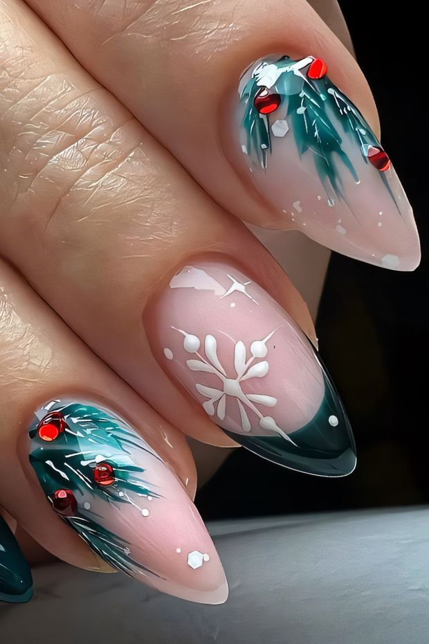 Creative winter nails featuring snowflakes, evergreen designs, and red accents for a festive look.