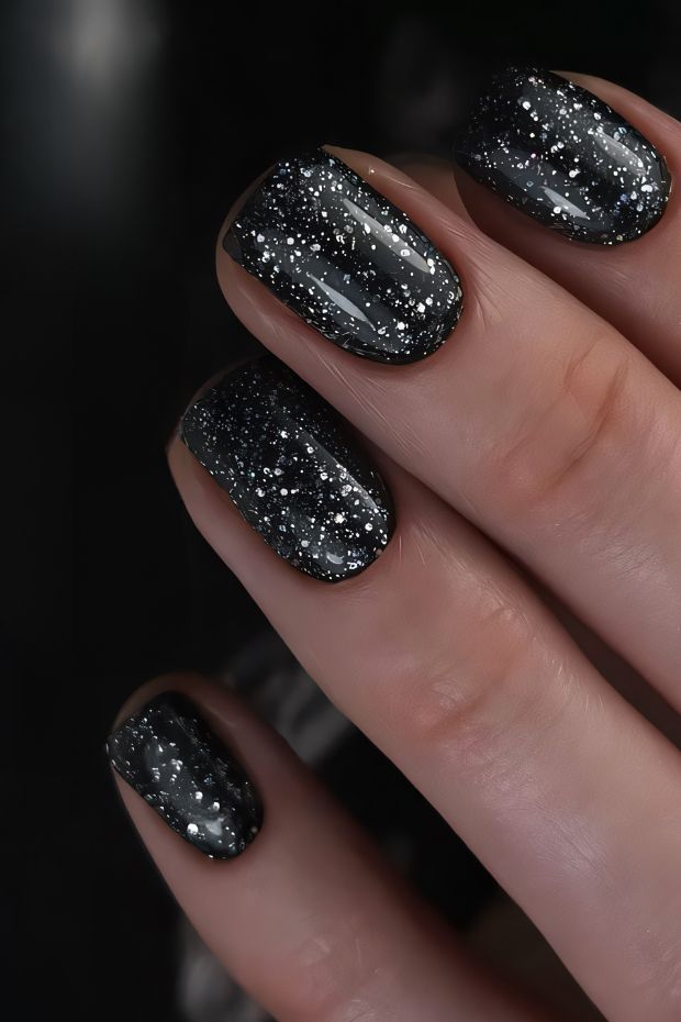 Black nail design with glitter creating a unique and stylish appearance for fashion-forward nail enthusiasts.