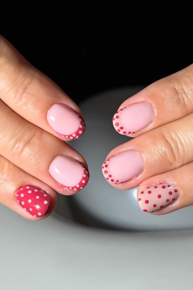 Playful pink and red polka dot nail design with varied dot sizes and colors for a unique look.