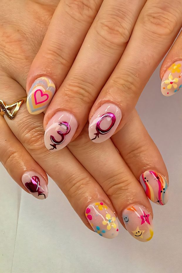 Colorful birthday nails featuring whimsical designs, playful patterns, and bold numbers for a festive celebration.