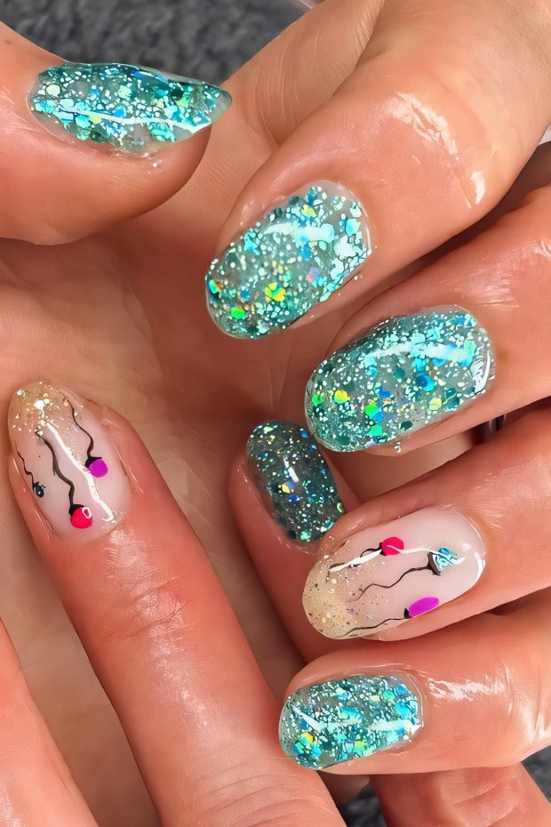 Vibrant birthday nails with glitter, colorful accents, and unique nail art designs for a festive look.
