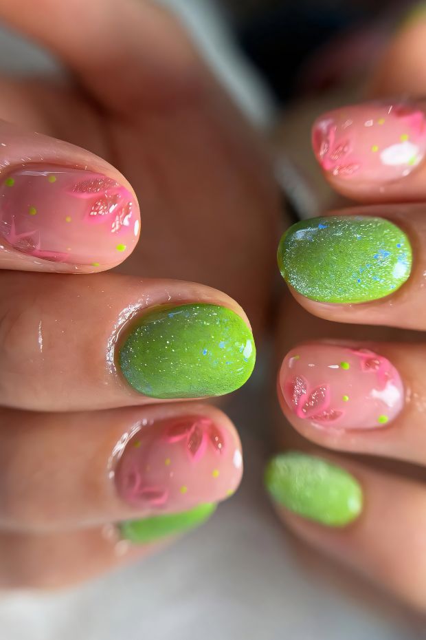 Vibrant short nails with floral designs in pink and green, featuring glitter accents for a spring-inspired nail art.