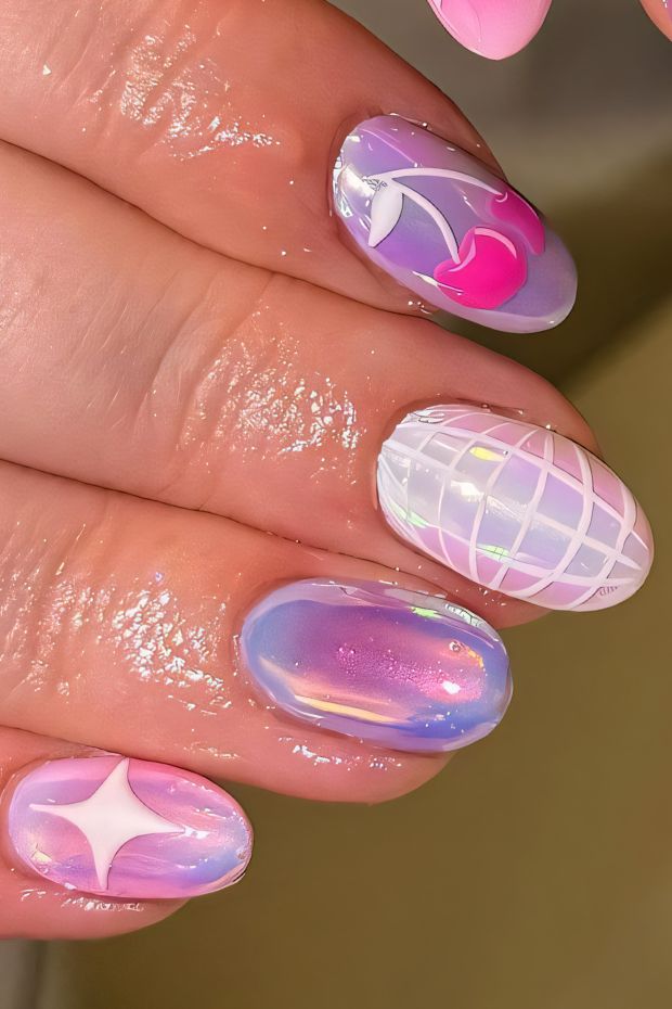 Birthday nails featuring pastel colors, cherry designs, and intricate patterns for a stylish celebration.