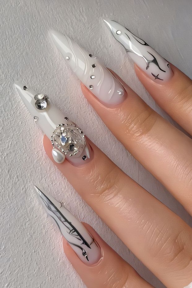 Elegant birthday nails featuring marble design with rhinestones and glossy white finish, perfect for special celebrations.