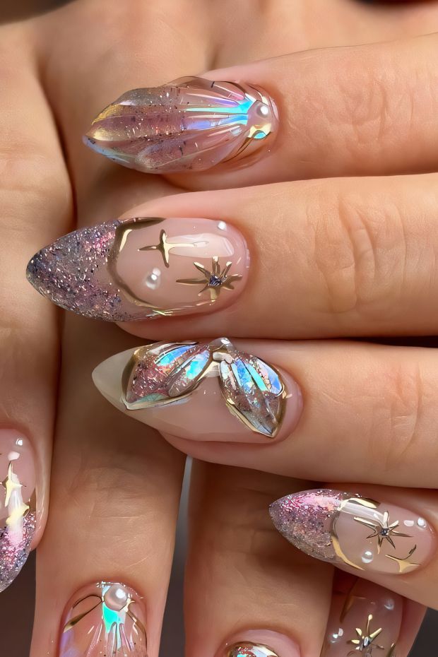 Glamorous birthday nails with iridescent gems, glitter tips, and elegant designs perfect for celebrations and special occasions.