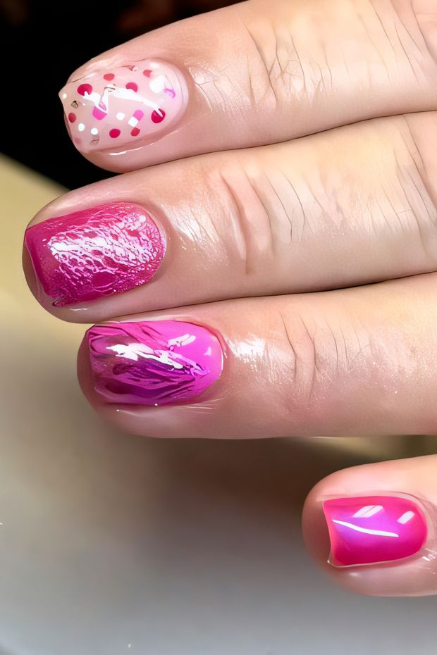 Vibrant short pink nail art with unique textures, glossy finishes, and playful designs for fresh nail aesthetics.