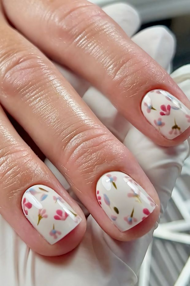 Short nails with floral design in pastel colors and light base for a chic nail art style.