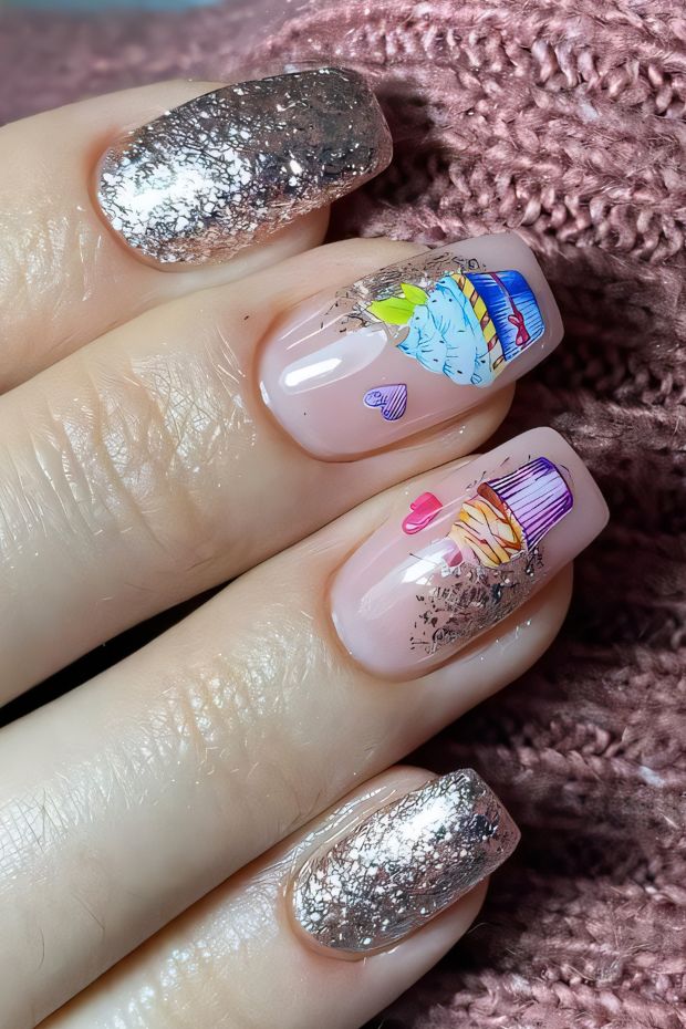 Chic birthday nail design featuring pink base, glitter accents, and colorful sweet treat illustrations for festive celebrations.