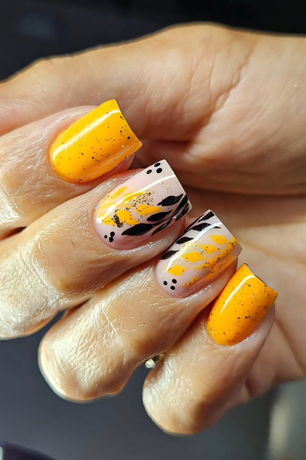 Short nails with vibrant yellow and artistic black designs create a modern and stylish nail art look.