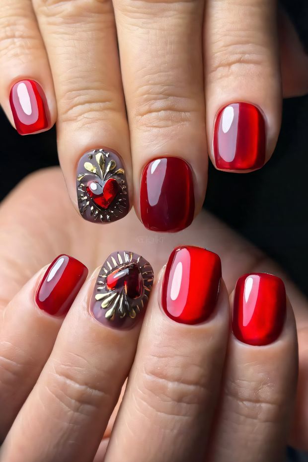 Glossy red nails with 3D heart accents and metallic detailing for a glamorous finish.