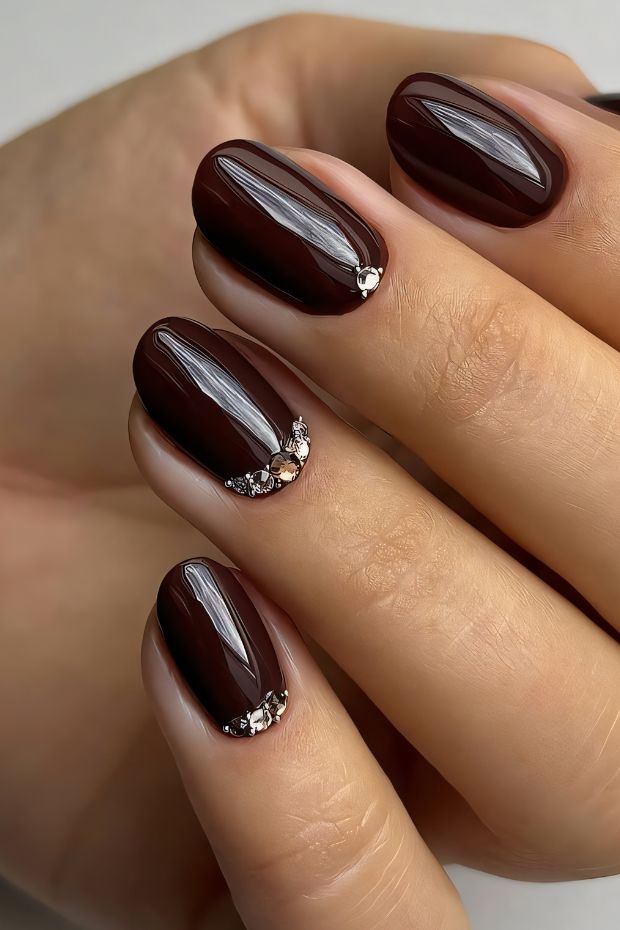 Stylish brown nails with glossy finish and rhinestone accents, perfect for chic nail art inspiration.
