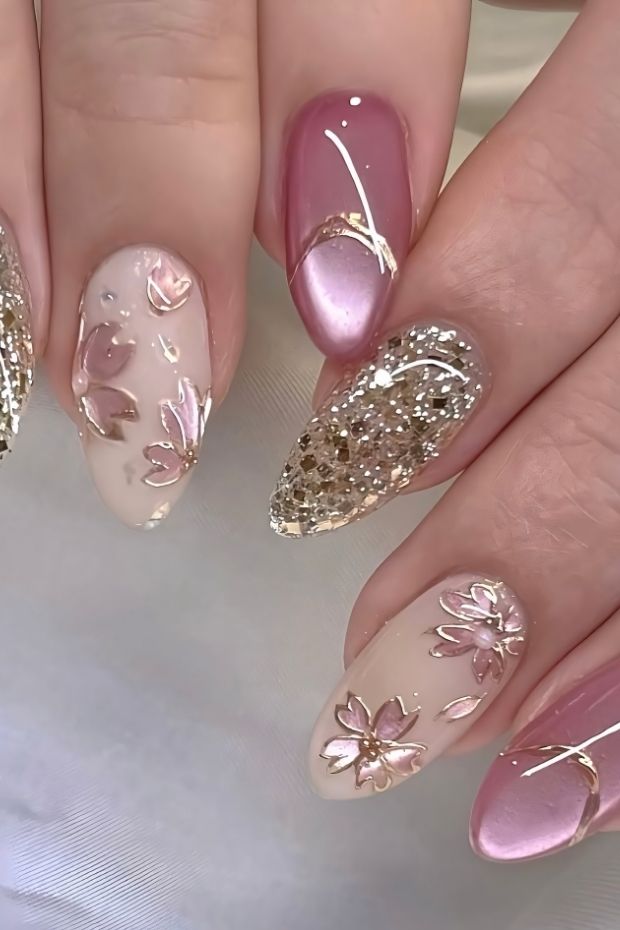 32 Creative Acrylic Nail Ideas You’ll Want to Try This Season 15 Elegant floral acrylic nails featuring pink and gold designs, perfect for special occasions or stylish looks.