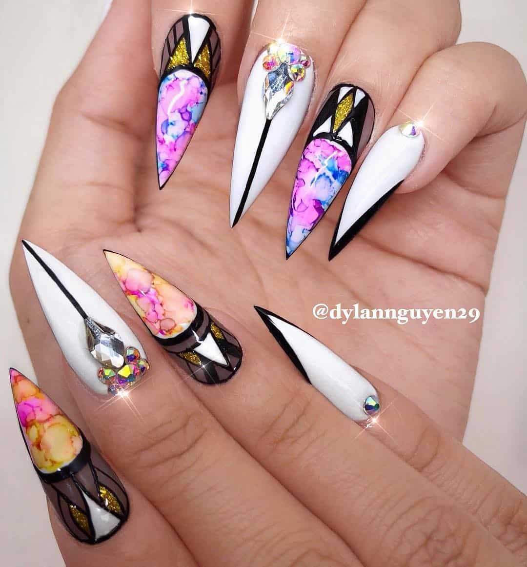 stiletto nails ideas | white stiletto nails with floral and rhinestones