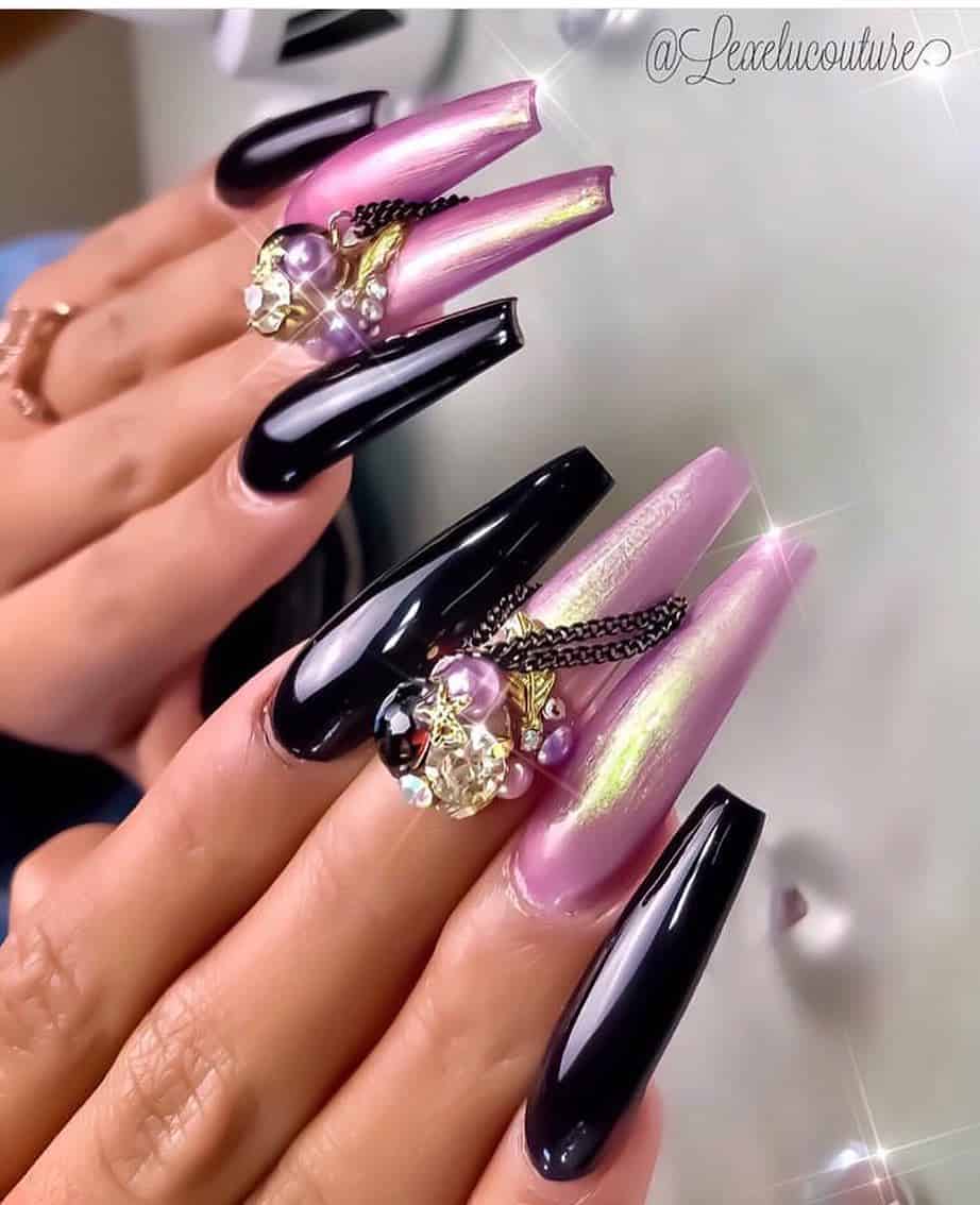 Coffin Shaped Nails with Rhinestones