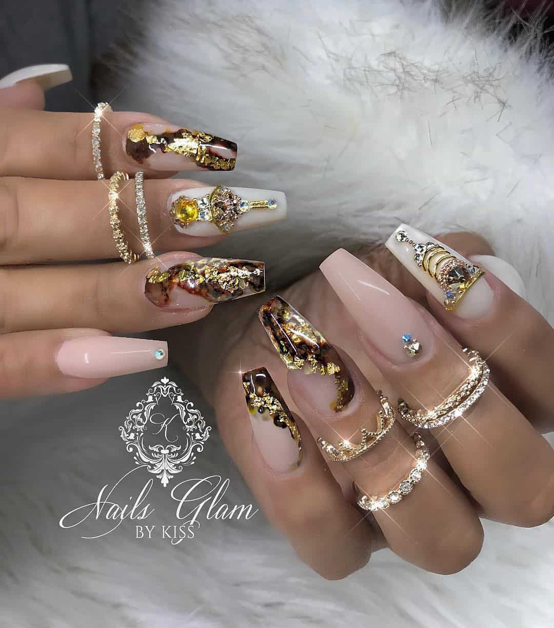 Coffin Shaped Nails with Rhinestones